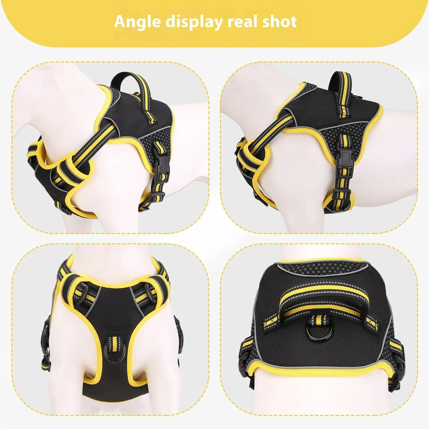 Yellow and orange polyester dog harness and lead set with anti-breaking strap on grass.