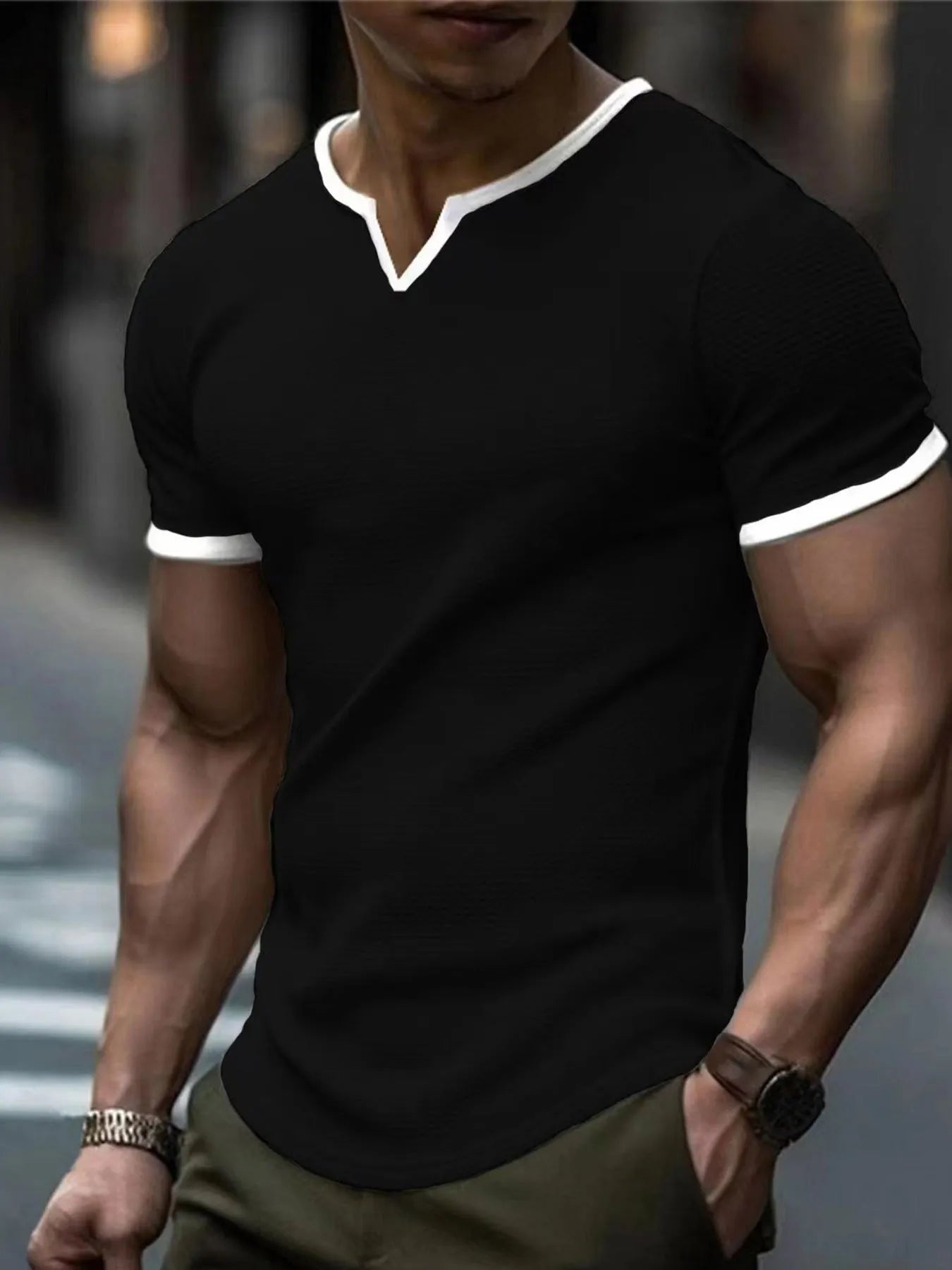 Colour-block V-neck outdoor sports waffle t-shirt in army green, polyester short-sleeve top