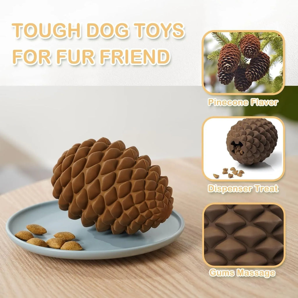 Pine cone shaped natural rubber dog chew toy with treat dispenser for medium and large dogs