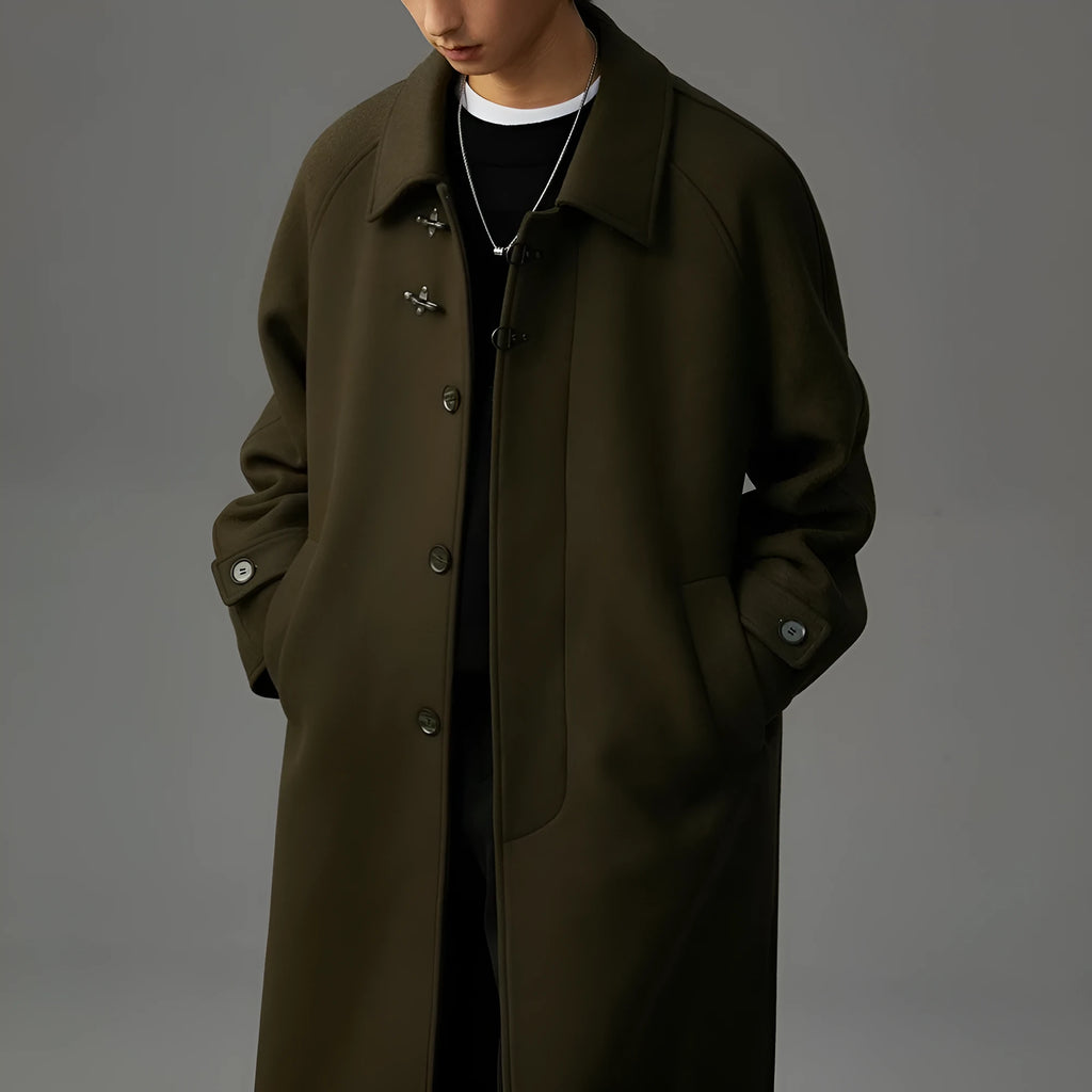 Men's double-sided polyester woolen coat in mid-length lapel style, available in black, olive green, and dark coffee, sizes M to 3XL