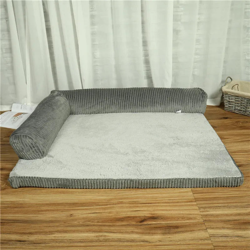 Corduroy pet sofa dog bed with raised edges in coffee colour showing reversible bilateral design