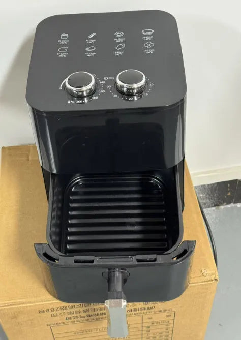 5.5-litre digital air fryer in black with touch screen controls and cooking basket