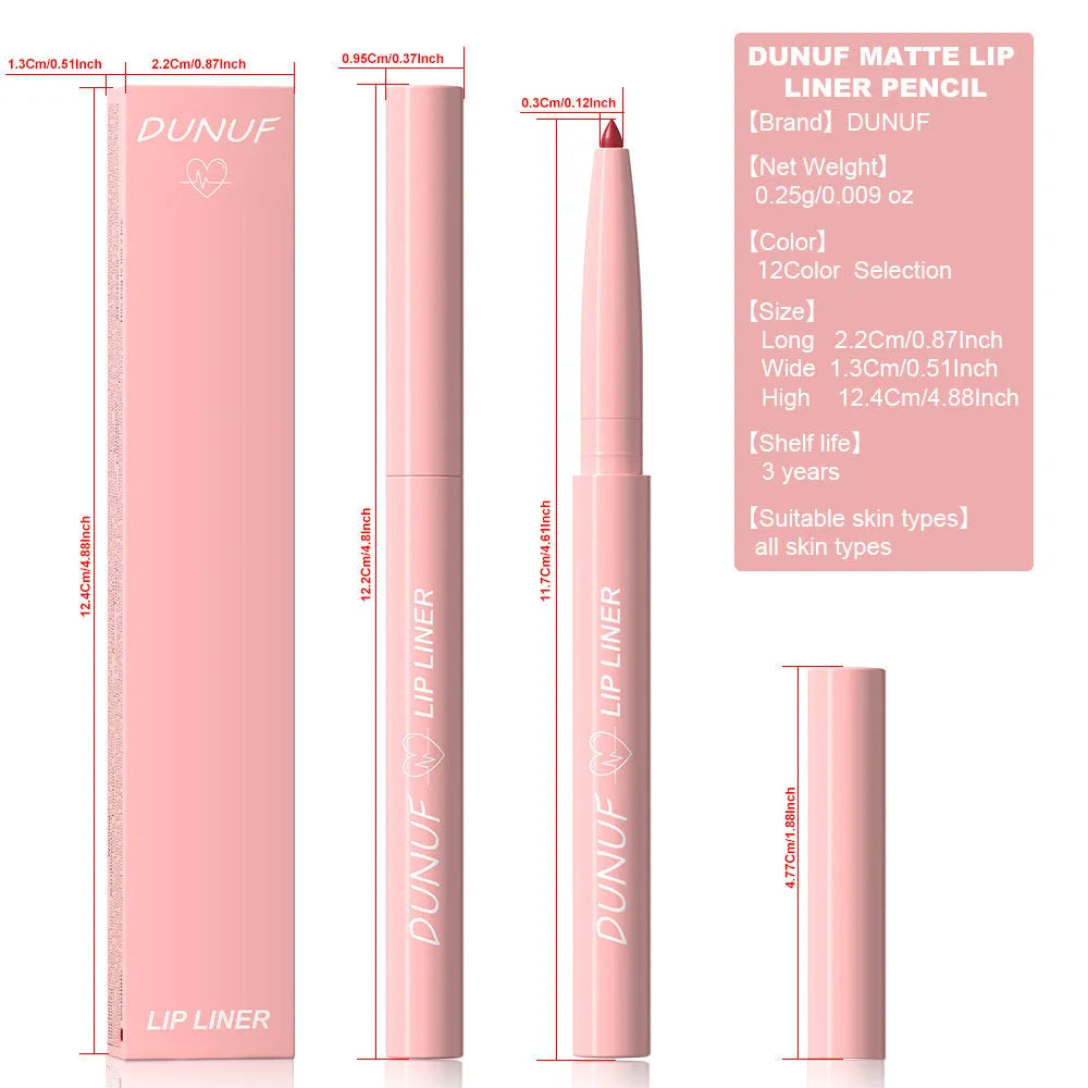 Twelve velvet matte lip liner pencils in a row showing different shades from a 12-colour collection.