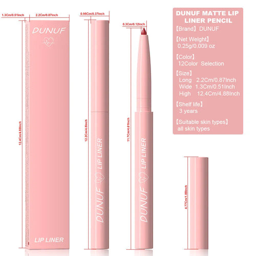 Twelve velvet matte lip liner pencils in a row showing different shades from a 12-colour collection.
