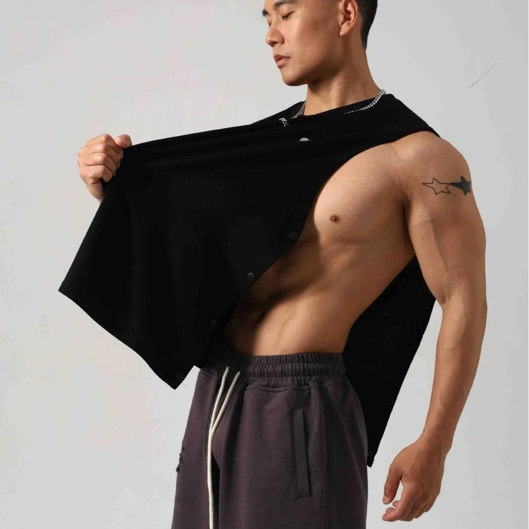 Korean style cotton fitness vest with hidden hook side openings in black colour