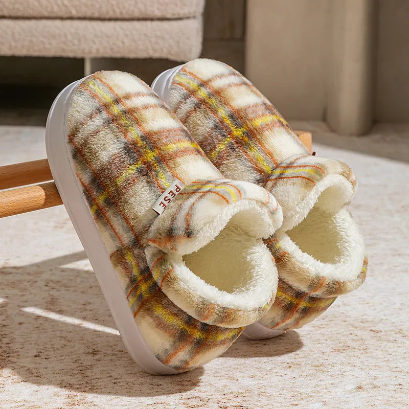 Indoor home slippers with non-slip PVC sole and plush upper in yellow, green, purple, gray, coffee colours, round toe, shoe-cover style