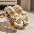 Indoor home slippers with non-slip PVC sole and plush upper in yellow, green, purple, gray, coffee colours, round toe, shoe-cover style