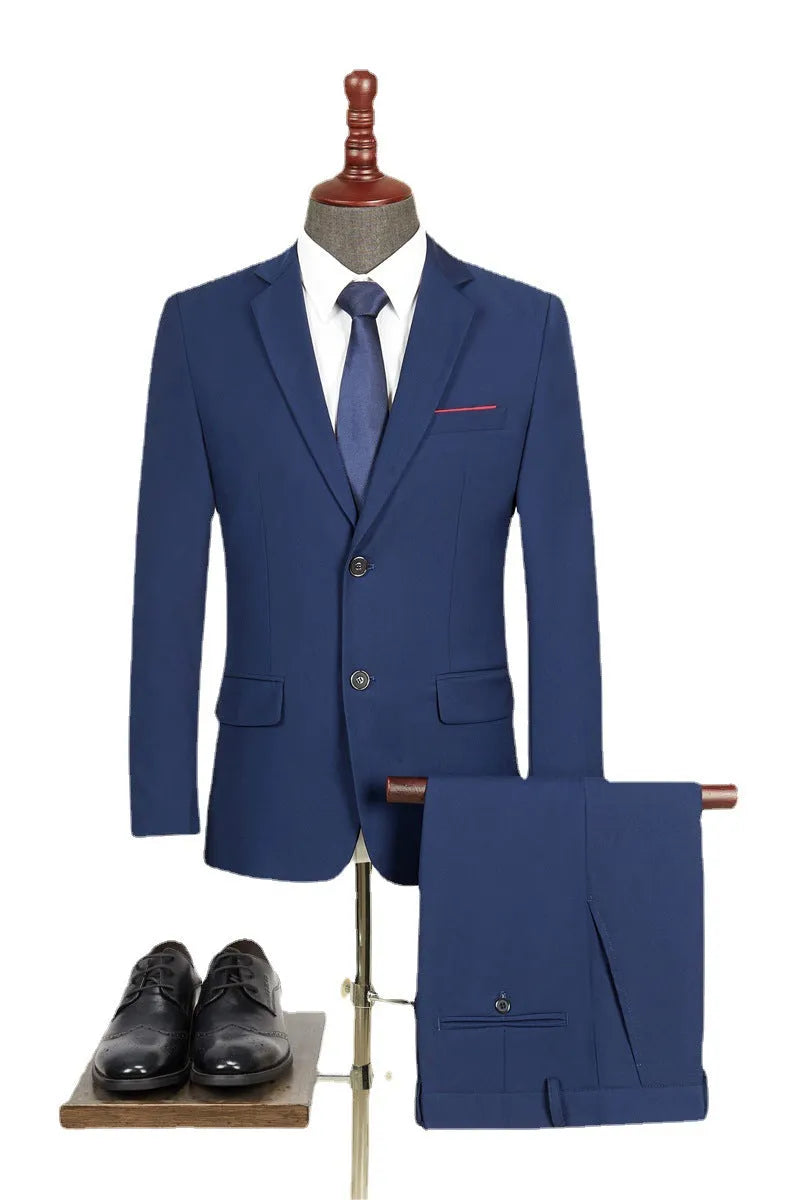 Men's slim fit two-piece business suit in navy blue with jacket and matching trousers on a plain background, plus size option