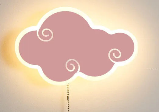 White cloud-shaped children's wall lamp with acrylic cover mounted on a bedroom wall.