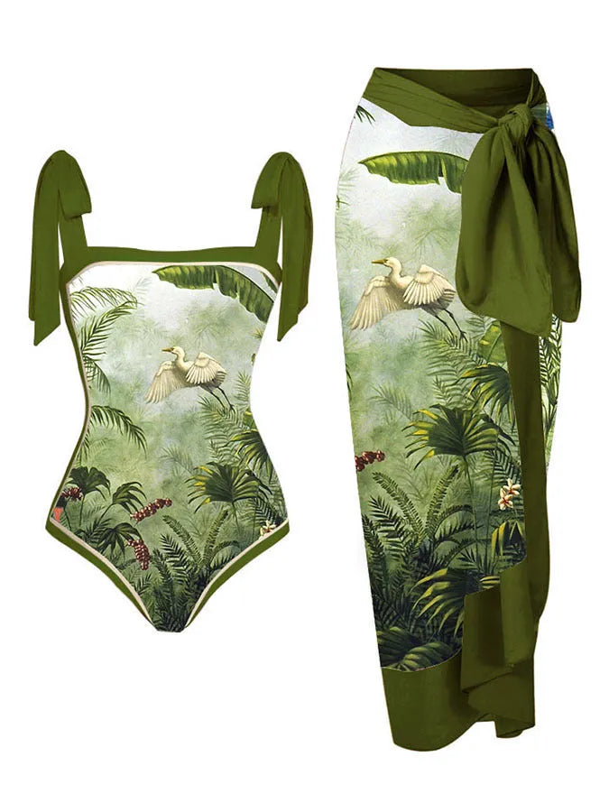 Women's floral print chiffon swimsuit with matching skirt for swimming