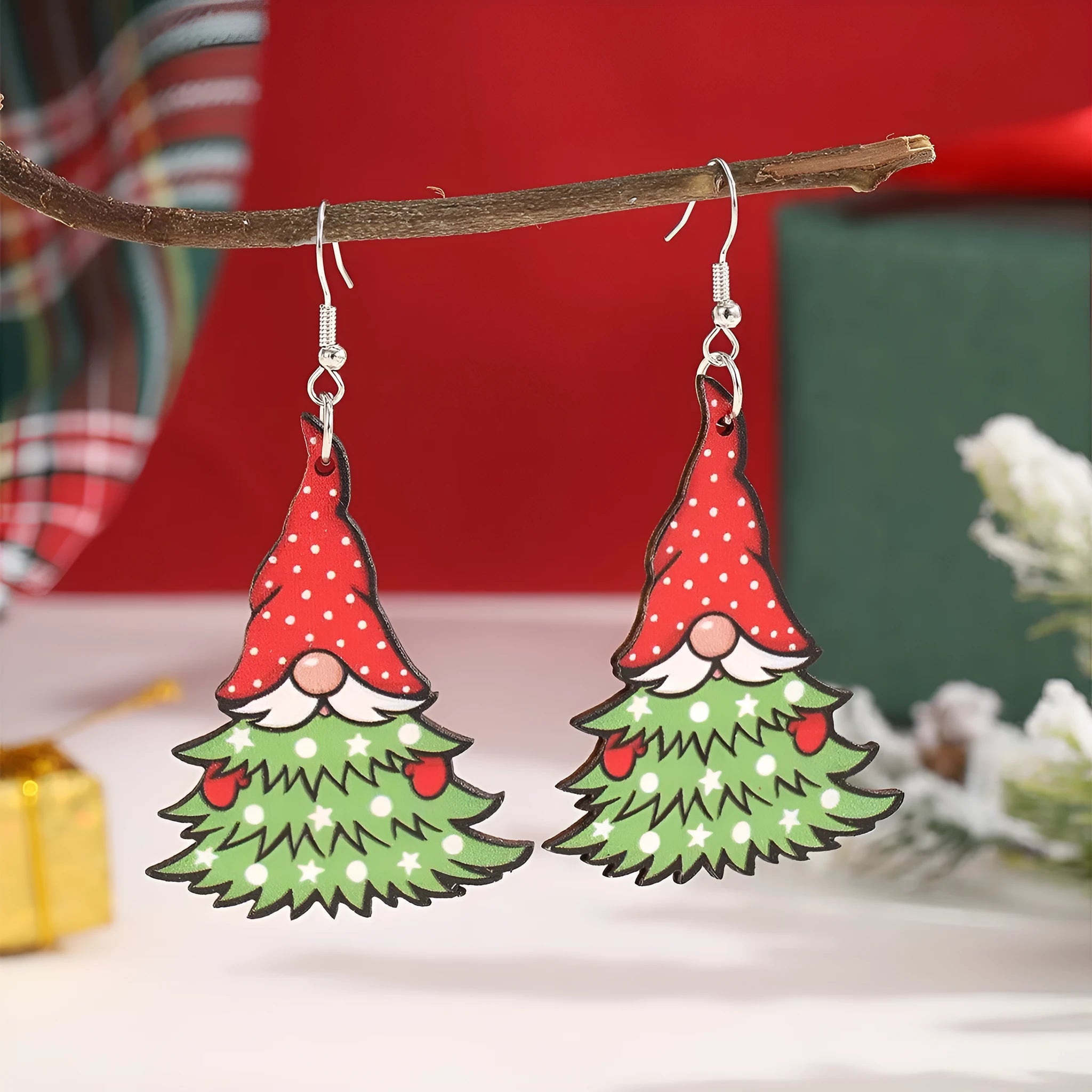 Wooden Christmas earrings with printed tree and snowman designs