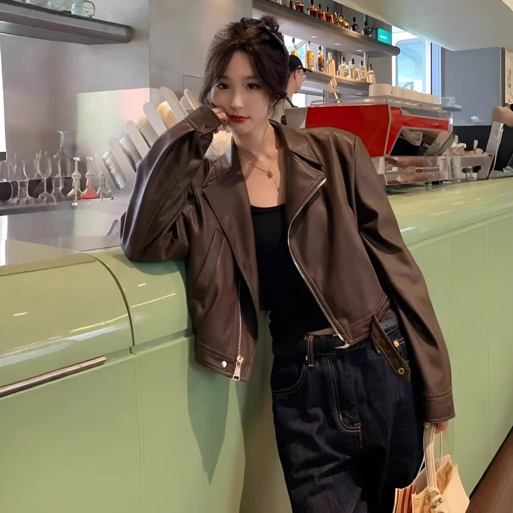 Women's retro brown leather-style coat jacket with slim fit and street fashion styling