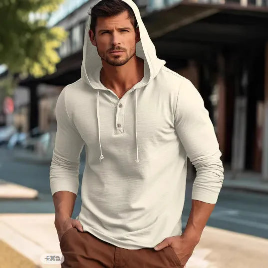 Men's dark blue cotton pullover hoodie with long sleeves on a hanger.