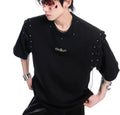 Short sleeve black top with a white lace-up cutout detail on the front, deconstruction style.