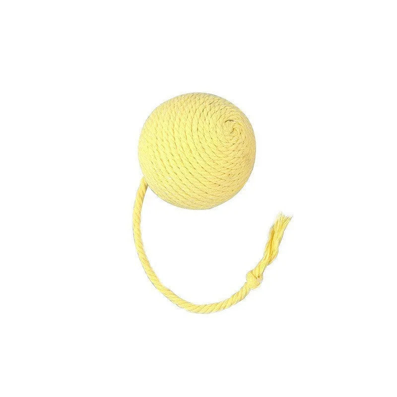 Colourful cat toy ball with rope and built-in bell available in green pink purple yellow for kittens
