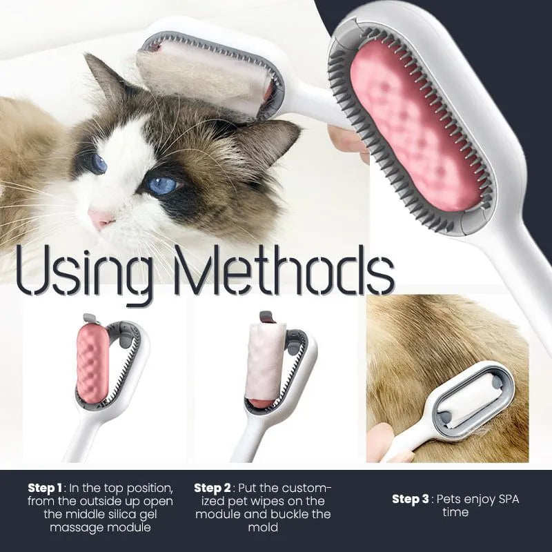 Green plastic hair removal comb for cats and dogs with disposable wipes sticker, 19cm length
