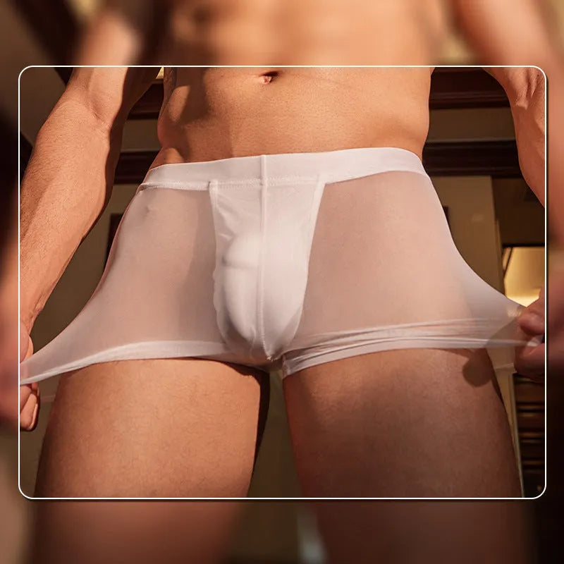 Men's black and white ultra-thin nylon boxer briefs on plain background