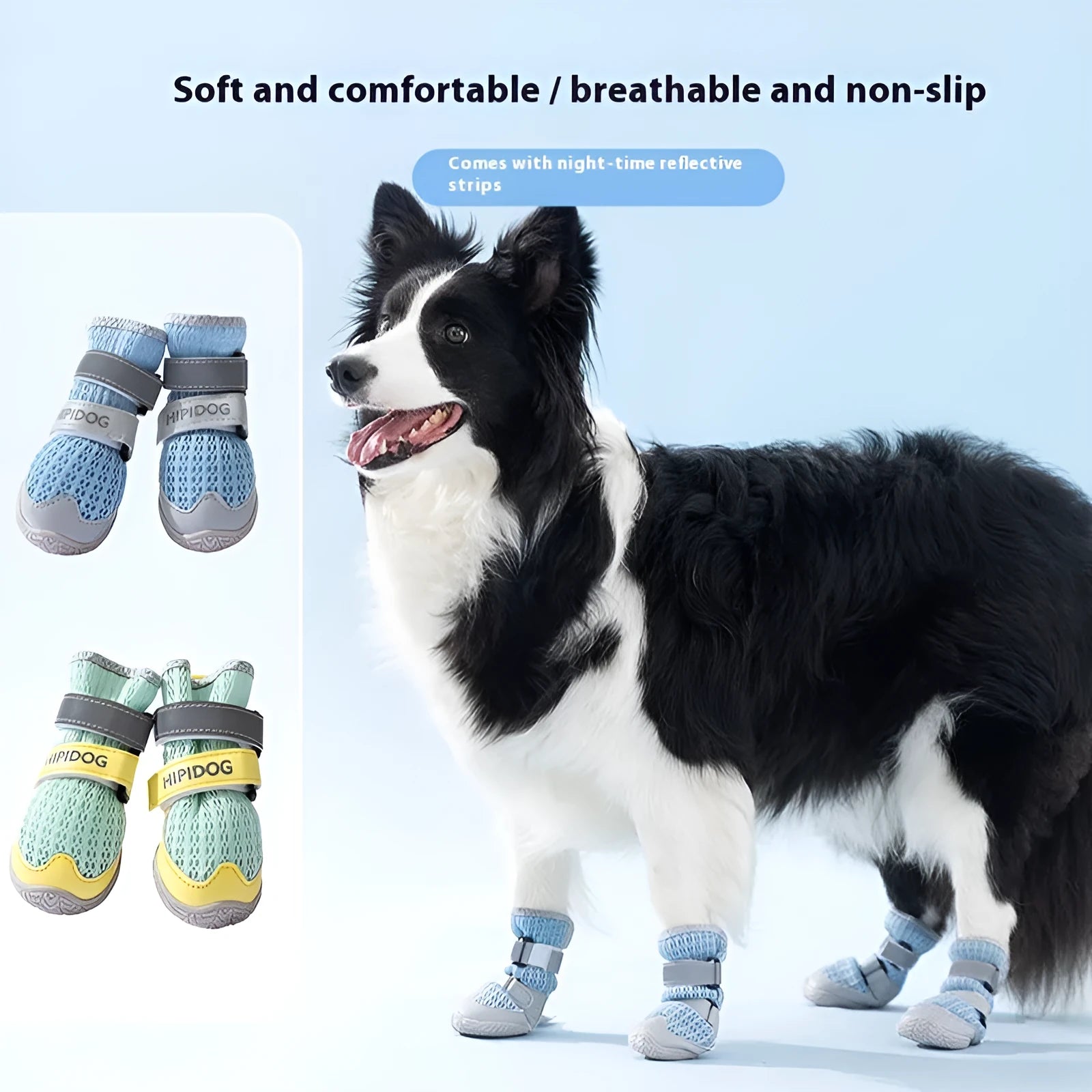 Cartoon-style blue and green dog shoes with wear-resistant PU soles for summer paw protection.