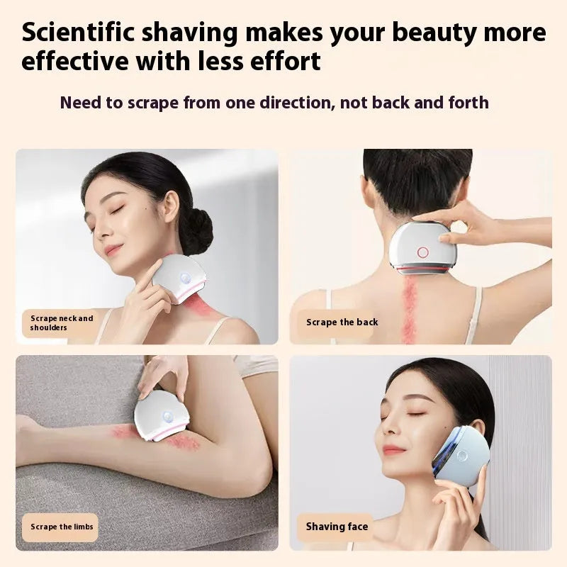 Household electric beauty device with scraping head and display showing colour light therapy functions