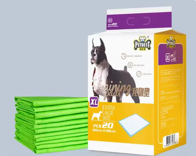 Pack of thickened dog urine pads showing adhesive backing and size options