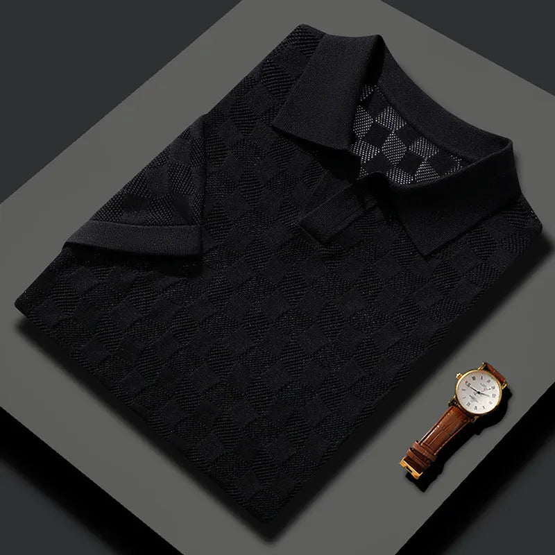 Men's short sleeve lapels business sweater in mulberry silk with Jacquard craft detail