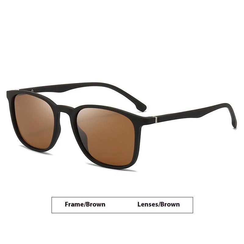 Men's polarised sunglasses with a black frame and dark green lens, showing PC construction and elastic paint finish.