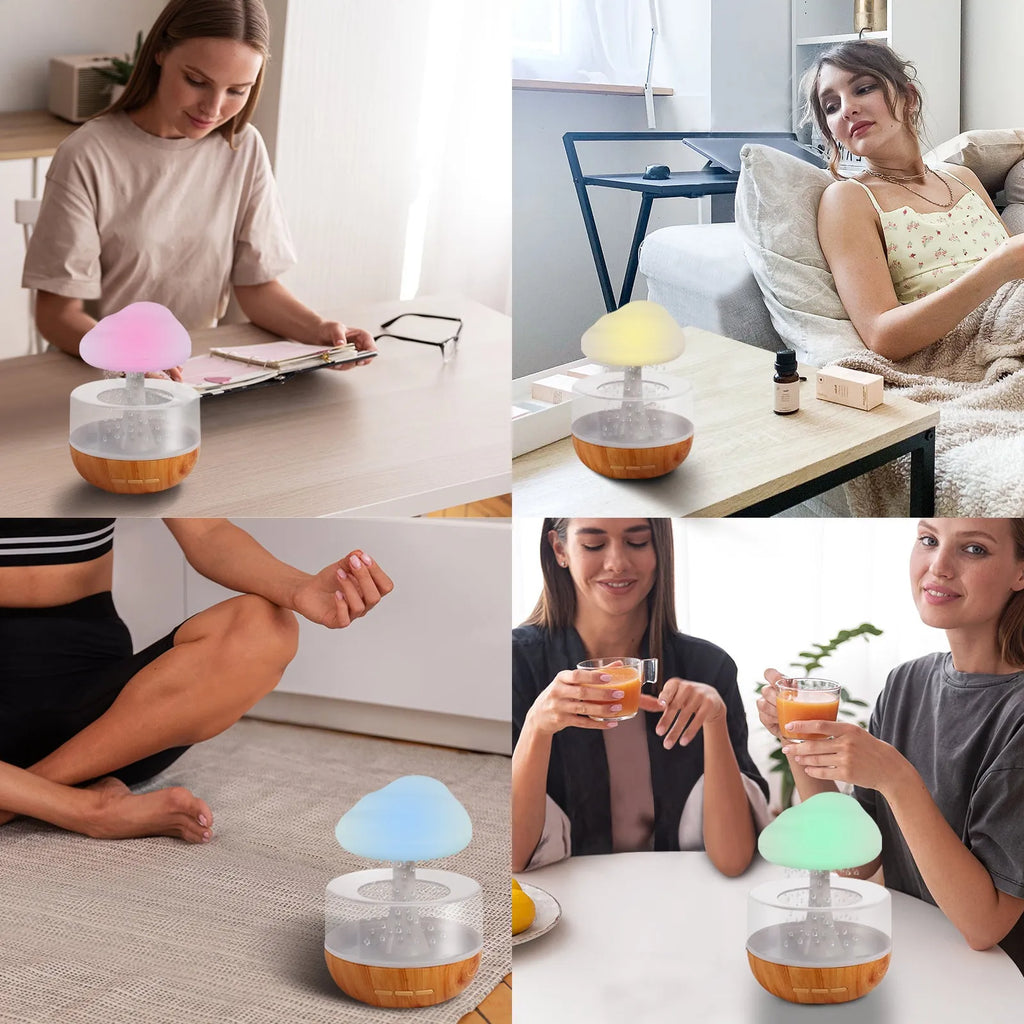 White cloud-shaped humidifier with coloured lights and water droplets