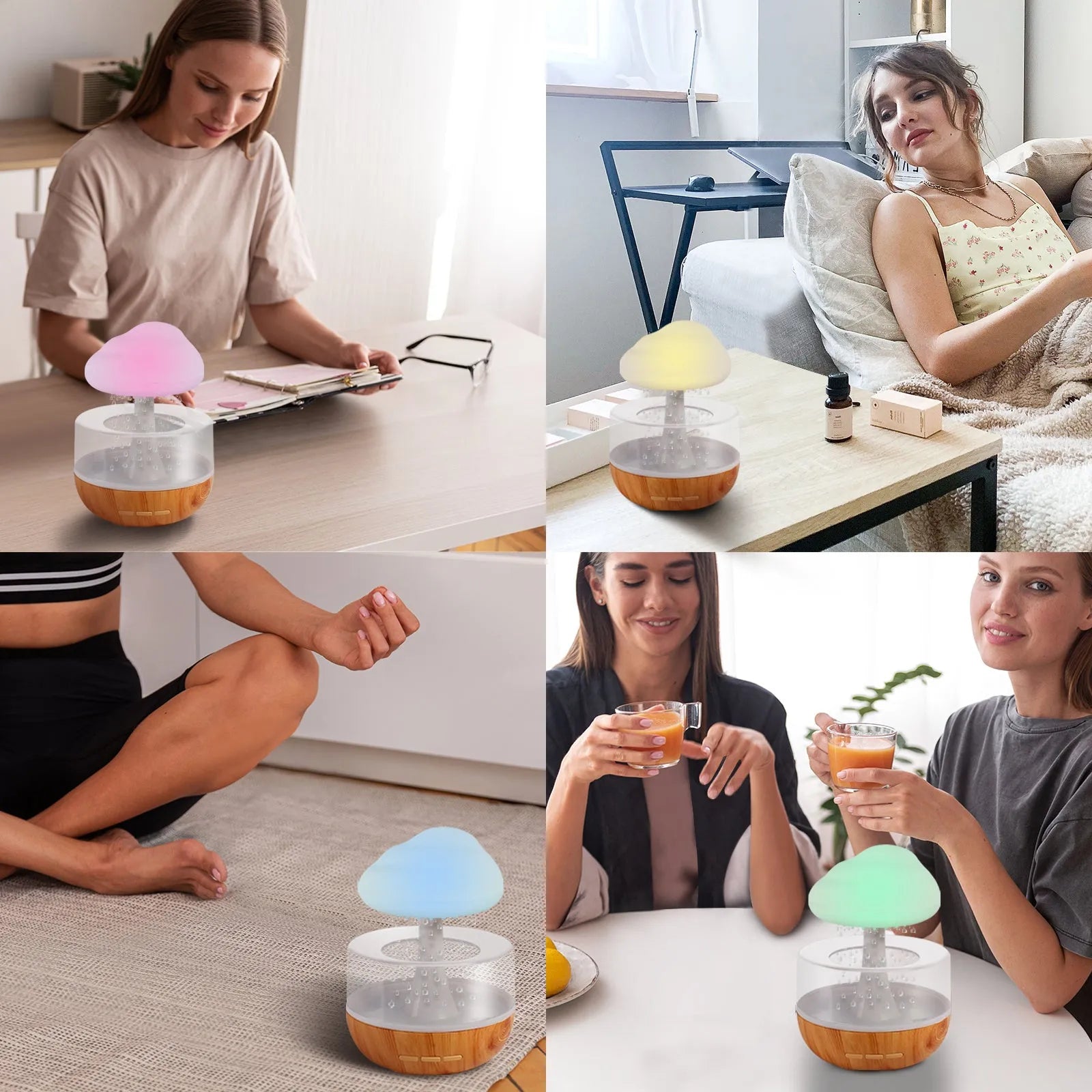 White cloud-shaped humidifier with coloured lights and water droplets