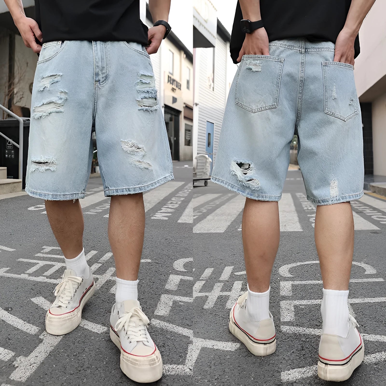 Light blue ripped denim shorts with a loose, straight-leg fit on a neutral background.