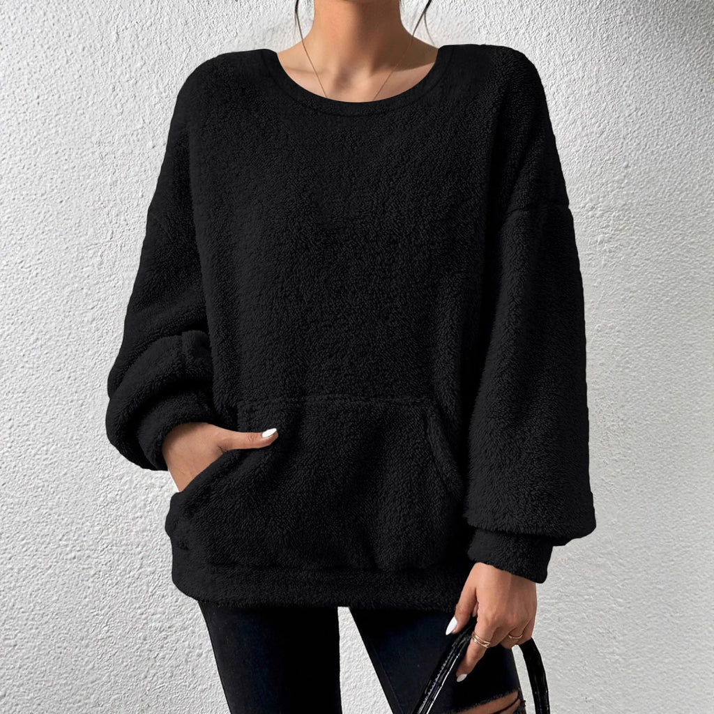 Fashion solid colour round neck long sleeve pullover loose fit polyester top in milky white, black, orange red, sky blue, olive green, dark brown