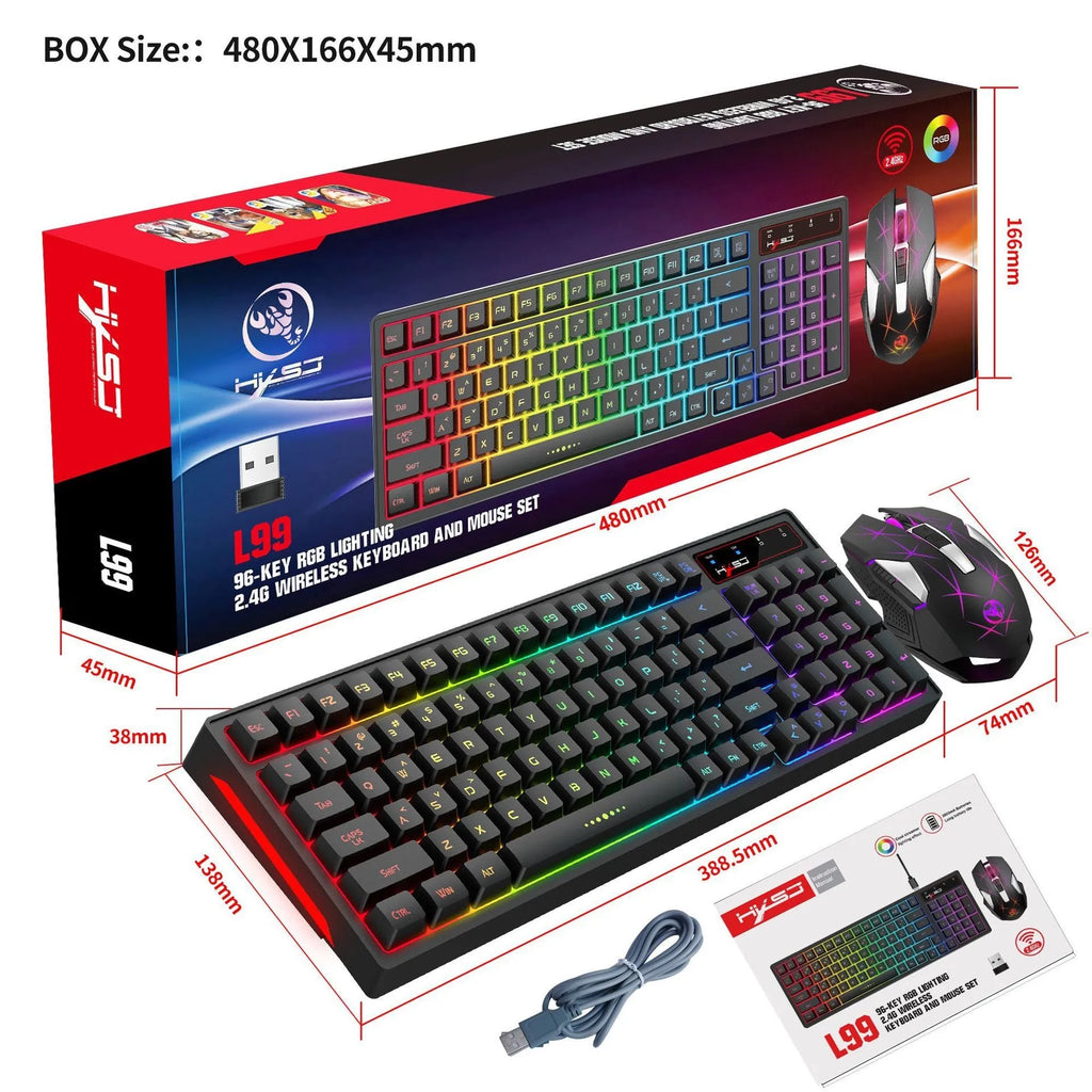 L99 wireless rechargeable 2.4G keyboard and mouse set with RGB glow, 96 ABS keys and Type-C charging cable