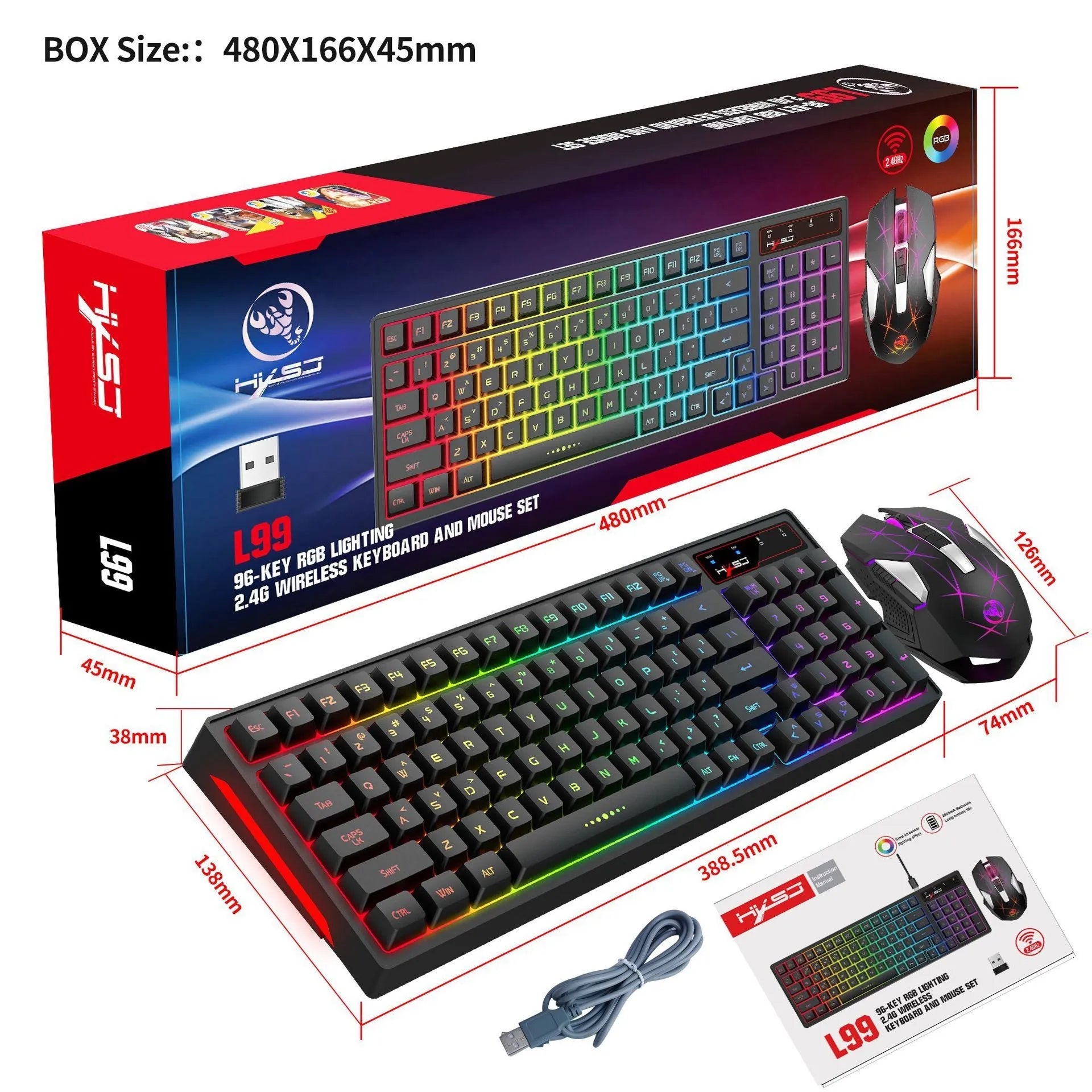 L99 wireless rechargeable 2.4G keyboard and mouse set with RGB glow, 96 ABS keys and Type-C charging cable