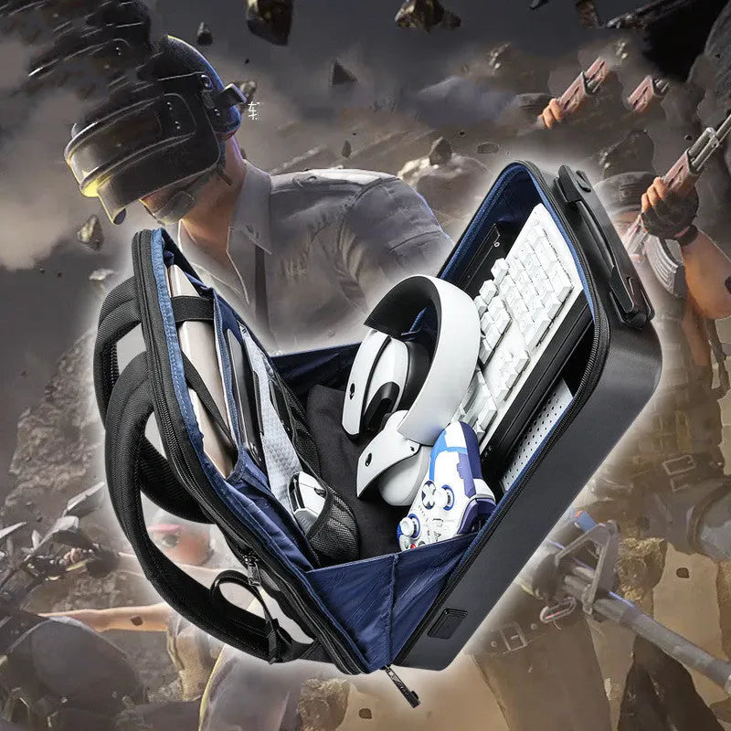 Hard shell gaming backpack with lock showing dedicated computer and phone compartments