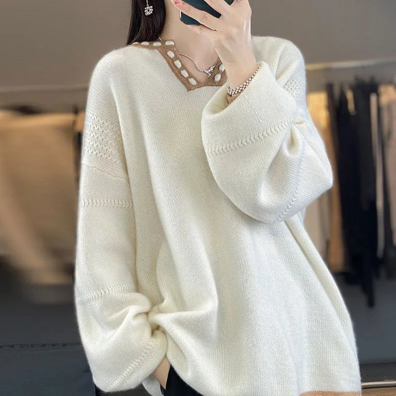 Women's V-neck pullover sweater in viscose fibre available in white and camel colours
