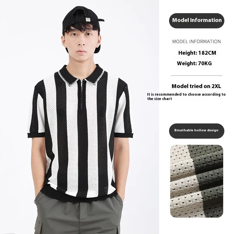 Men's striped ice silk short sleeve summer sweater with zip detail in multiple colour options