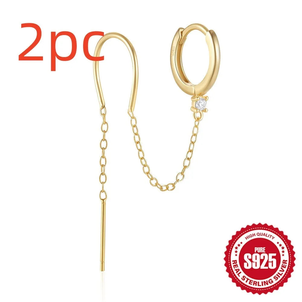 S925 sterling silver geometric ear clip stud earrings with flower and tassel design in electroplated gold colour