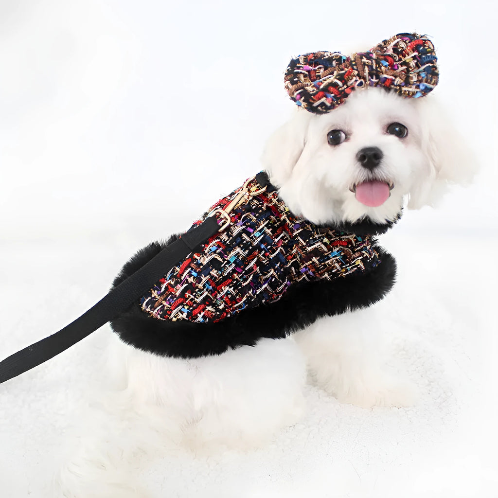 Classic style dog cloak with chest strap and hand holding rope in cloth material