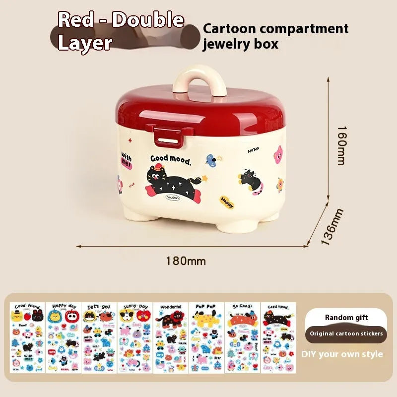 Cartoon-style red and brown plastic desktop storage box with grid compartments for organising pens and stationery.