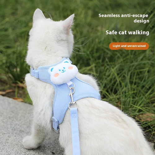 Adjustable corduroy cat walking rope with chest strap, blue bear colour, 1.2m length