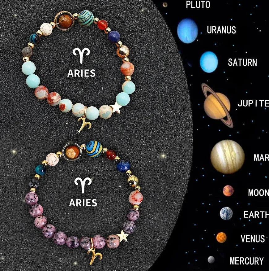 Set of two natural stone beaded bracelets showing zodiac sign designs on elasticated cords