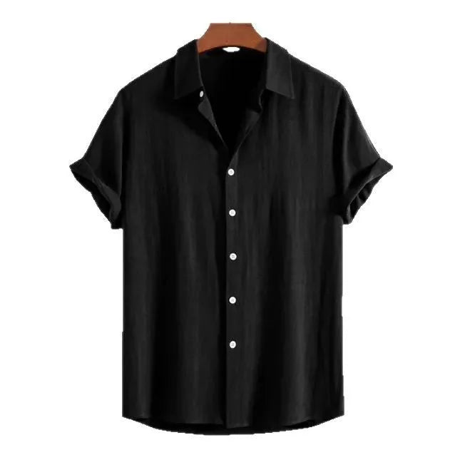 Men's loose beachwear cardigan in cotton linen blend, short sleeve summer shirt in solid colour