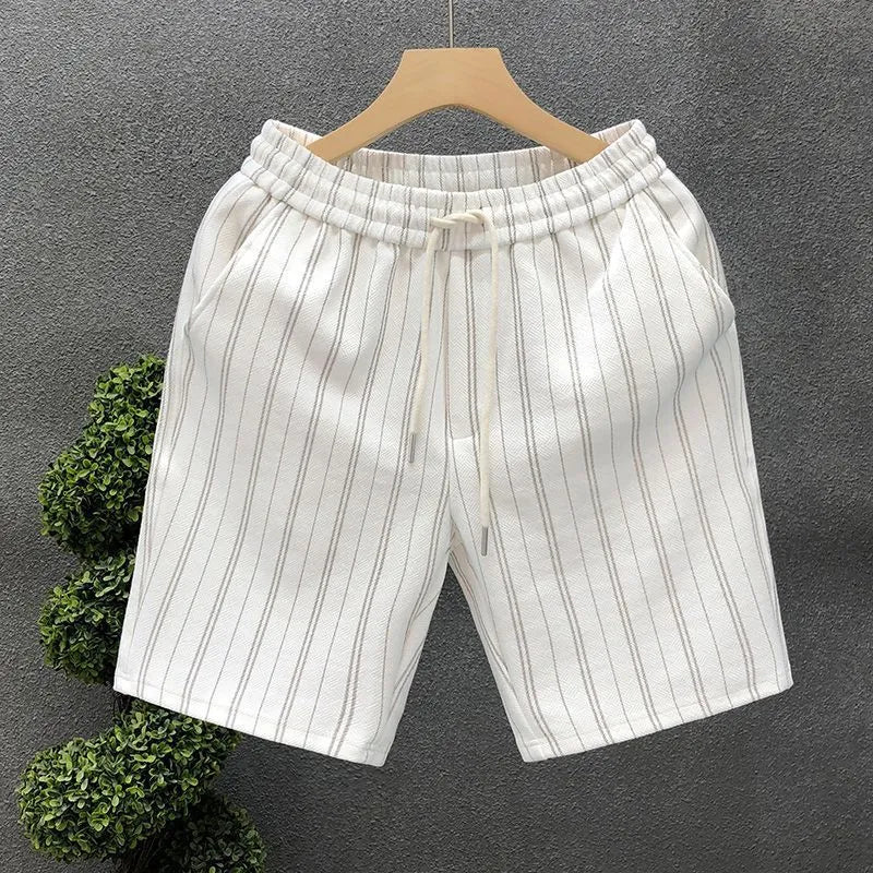 Men's black and white striped fleece-lined casual shorts with an elastic waistband