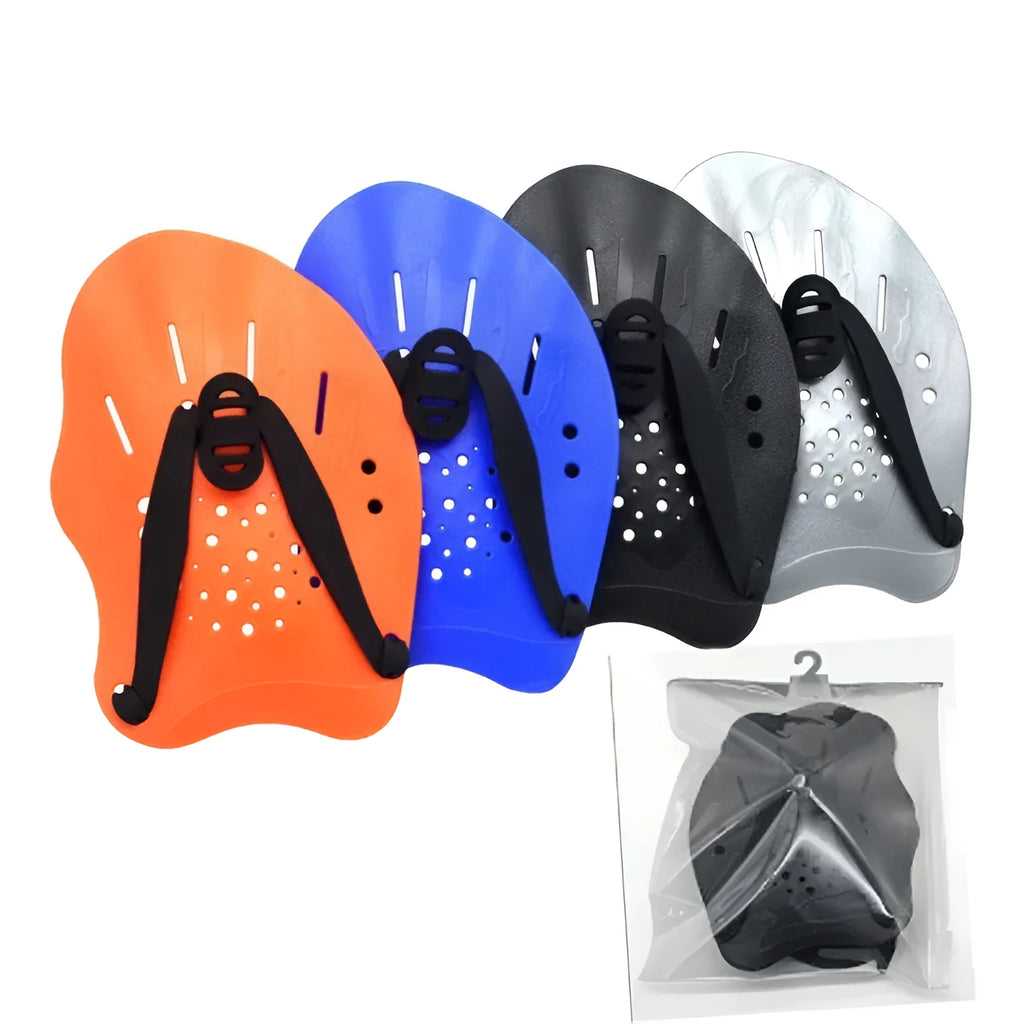 A pair of swim training paddles for freestyle stroke, shown in one of eight colour options including dark blue with a yellow mirror belt.