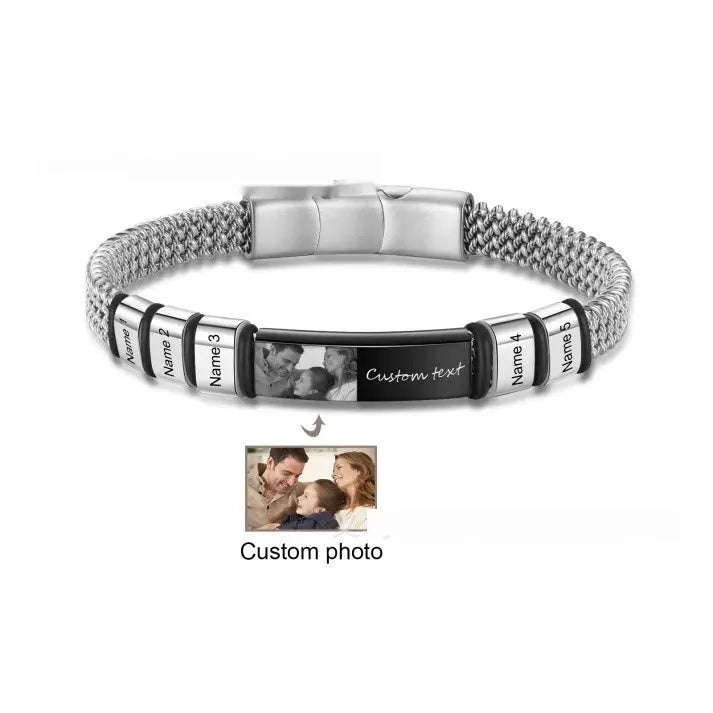 Men's titanium steel and leather rope lettering bracelet with heart-shaped exotic design.