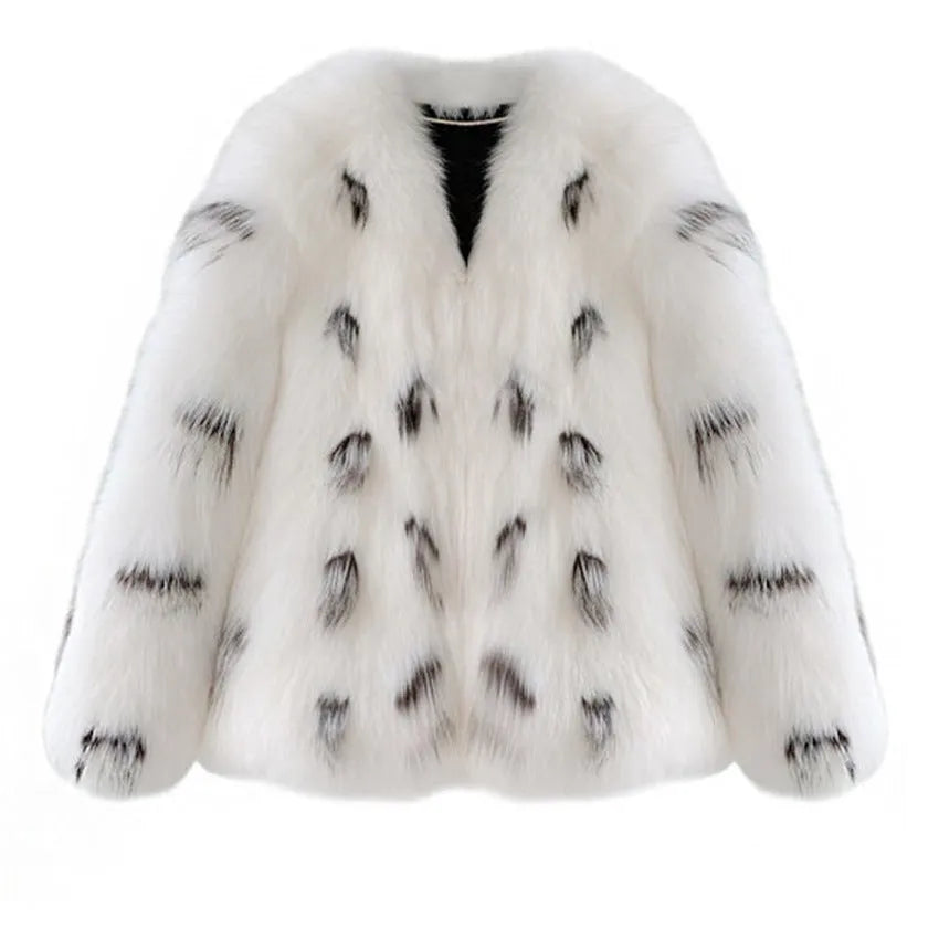 Women's plus size black and white raccoon pattern faux fur coat with short length