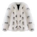Women's plus size black and white raccoon pattern faux fur coat with short length