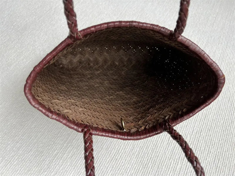 Brown woven cowhide leather shoulder bag with three-dimensional outer pocket
