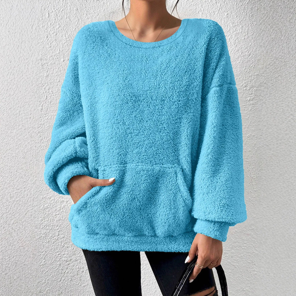Fashion solid colour round neck long sleeve pullover loose fit polyester top in milky white, black, orange red, sky blue, olive green, dark brown