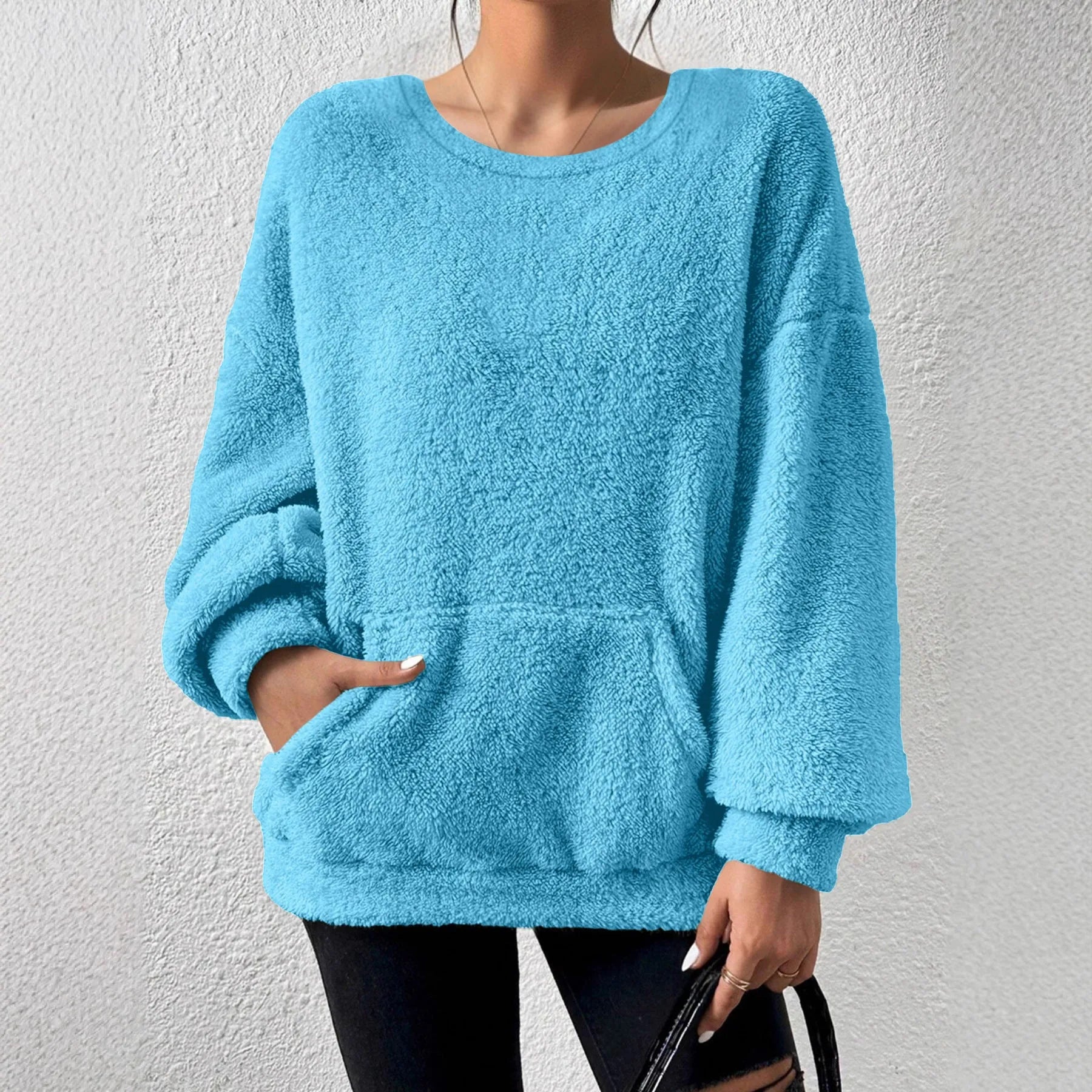 Fashion solid colour round neck long sleeve pullover loose fit polyester top in milky white, black, orange red, sky blue, olive green, dark brown