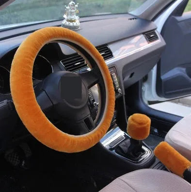 Winter wool plush steering wheel cover in 38cm diameter three-piece set with elastic band option, available in multiple colours including beige, black, and brown